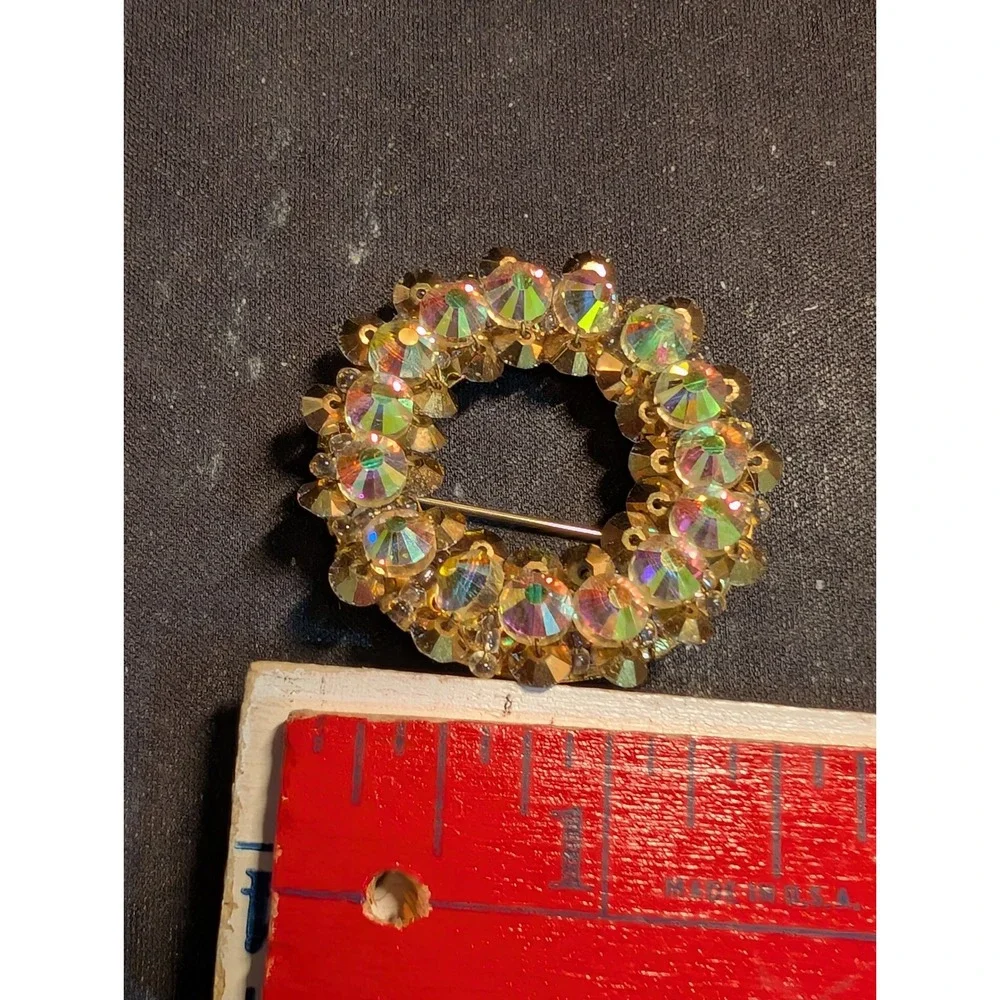 Vintage Hobe Wreath Brooch Aurora Borealis AB Crystal Gold Tone Circle Pin 1.25